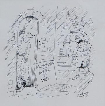 Larry (Terence Parkes, 1927-2003), original pen and ink cartoon, 'Mugging inside if wet', signed, 17.5 x 17.5cm. Condition - good